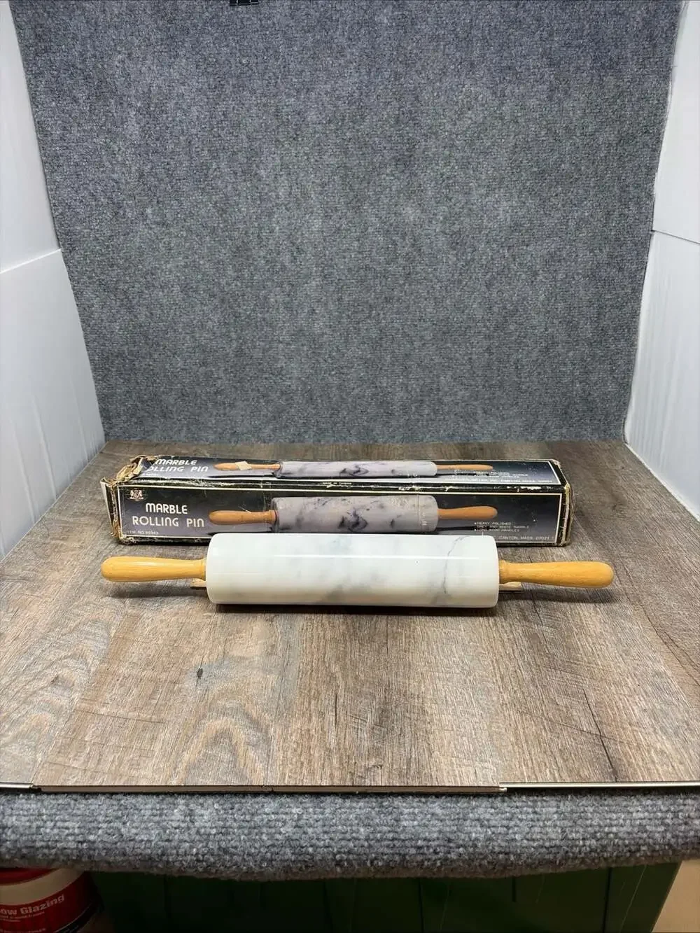 Vintage Chadwick-Miller white Marble Rolling Pin with Wooden Handles heavy 18”
